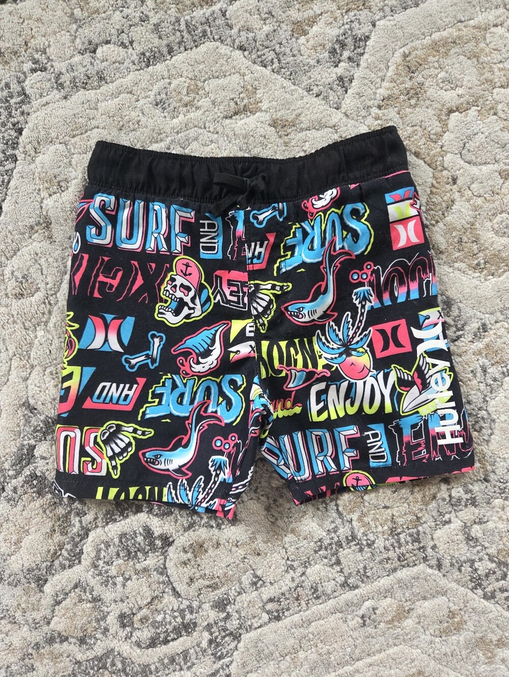 Hurley Size 3T Black Swim Trunks with Neon Surf Print